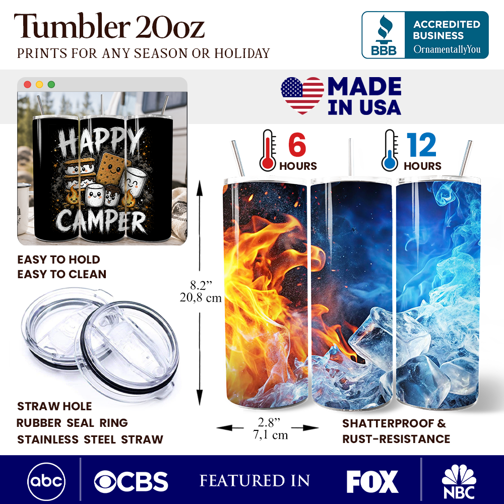 Fireside Snacks Happy Camper 20oz Personalized Tumbler With Lid and Stainless Steel Straw, Funny Outdoor Campfire Gift Cup