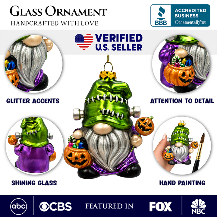 (PRE-ORDER) Frankenstein Gnome Glass Ornament, Pumpkin Candy Trick or Treat Halloween Decor