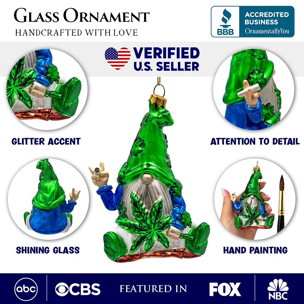 (Pre-Order) Fun Weed Themed Gnome Glass Ornament, Pothead Smoker Unique Holiday Gift Glass Ornament OrnamentallyYou 
