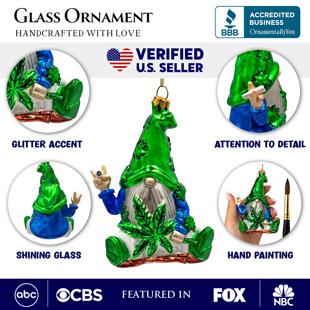 (Pre-Order) Fun Weed Themed Gnome Glass Ornament, Pothead Smoker Unique Holiday Gift