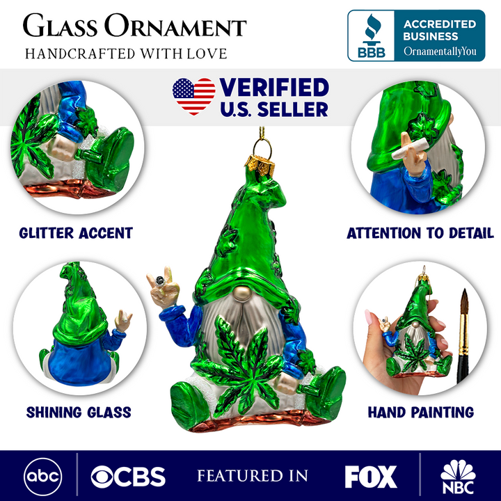 (Pre-Order) Fun Weed Themed Gnome Glass Ornament, Pothead Smoker Unique Holiday Gift