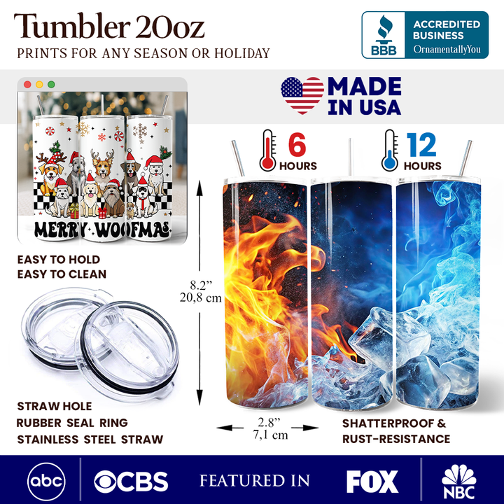 Funny Merry Woofmas 20oz Personalized Tumbler With Lid and Stainless Steel Straw, Dogs With Santa Hats Christmas Gift Cup