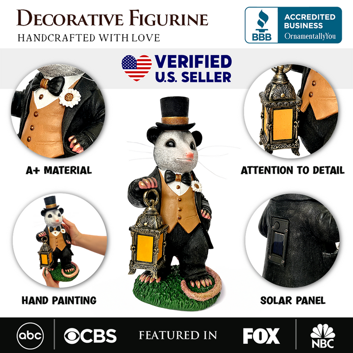 (Pre-Order) Gentleman Opossum the Victorian Nightcrawler with Solar Powered Lamp Statue, 13" Lighted Garden Statue