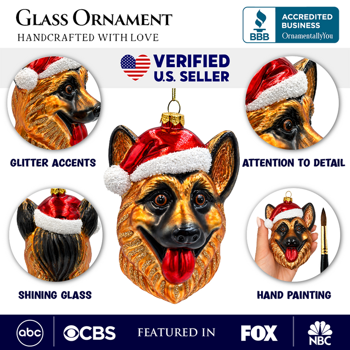 (PRE-ORDER) German Shepherd in Santa Hat Glass Christmas Ornament, Dog Lover Holiday Tree Decor