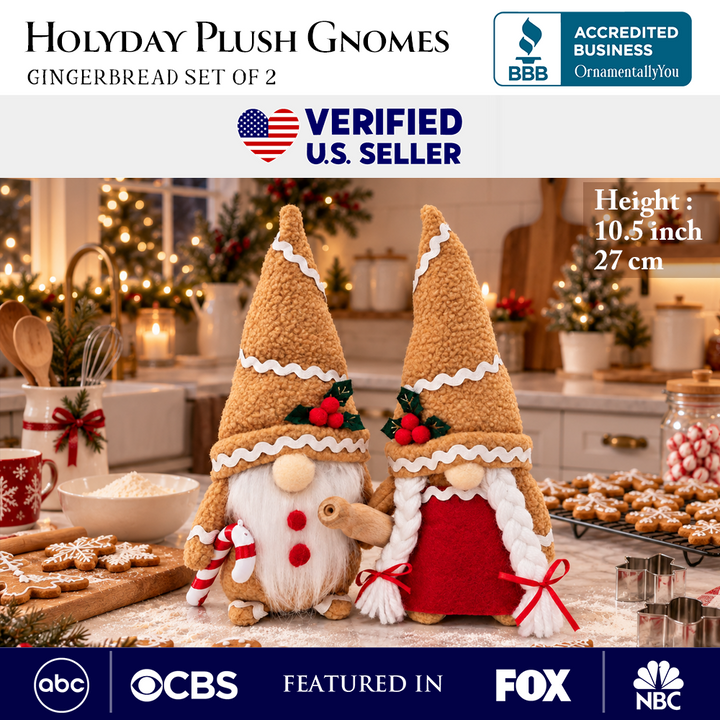 Gingerbread Christmas Plush Gnome Set of 2, Holiday 10.5" Baking Decor with Rolling Pin and Candy Cane