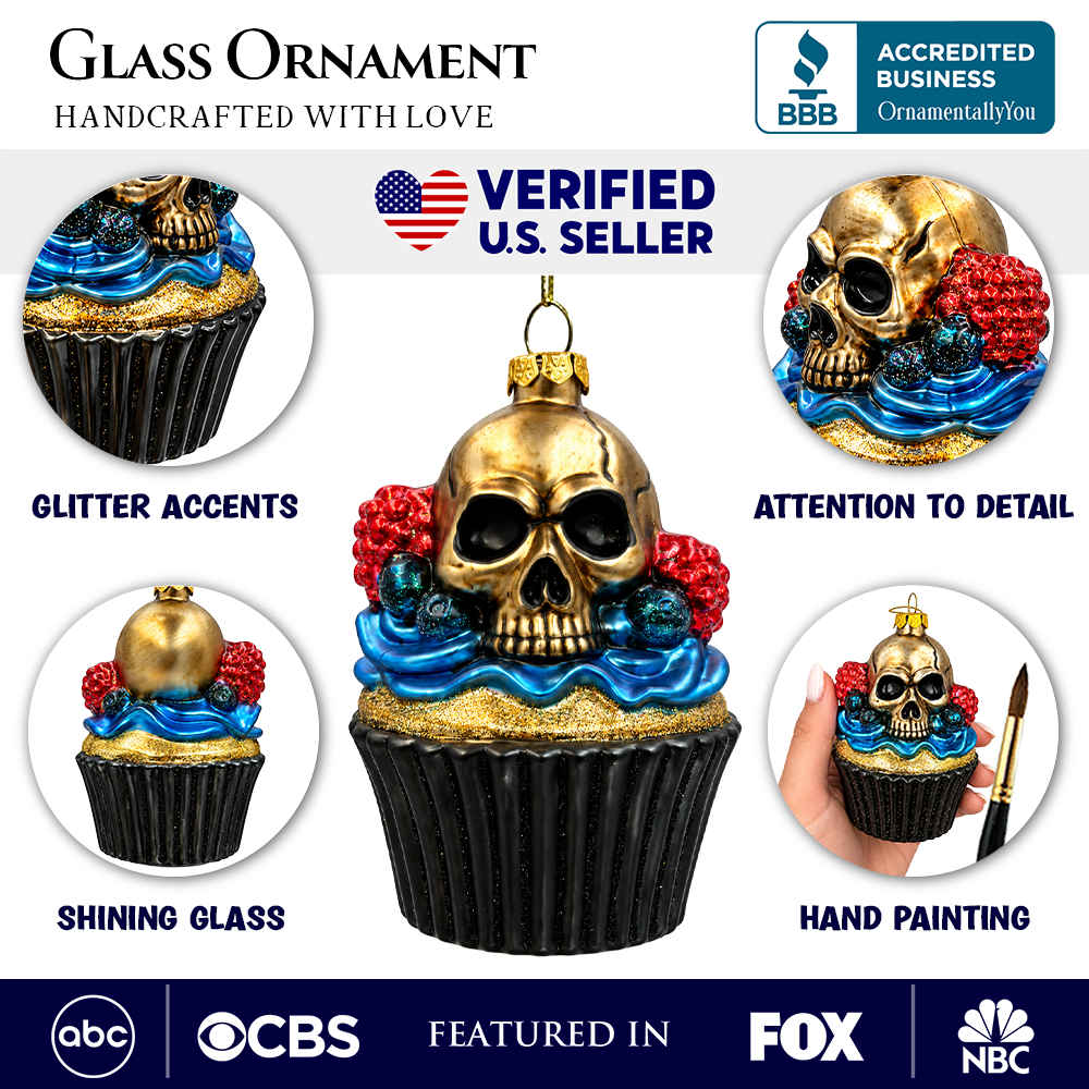 (PRE-ORDER) Gothic Skull Cupcake Glass Ornament, Spooky Halloween Dessert Tree Decor