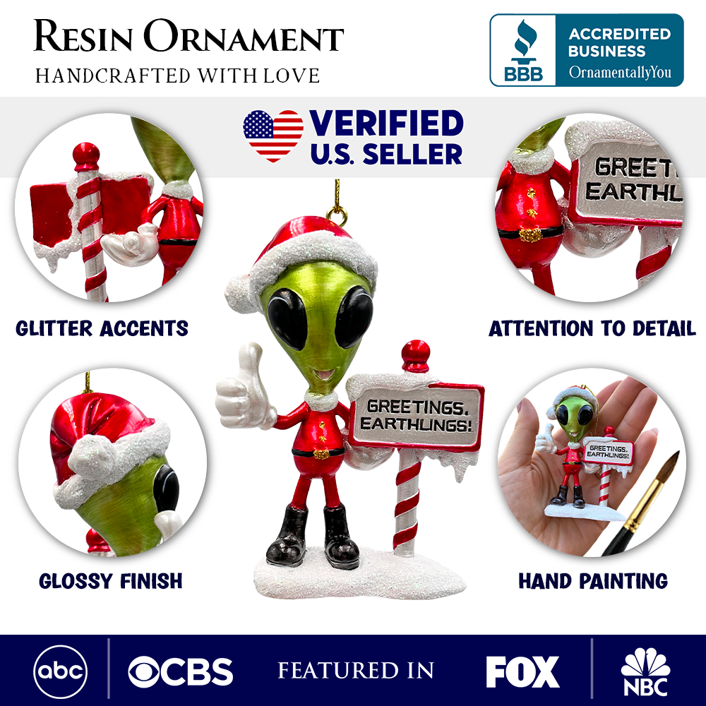 (Pre-Order) Greetings Earthlings Alien Ornament, Unique UFO Christmas Decor