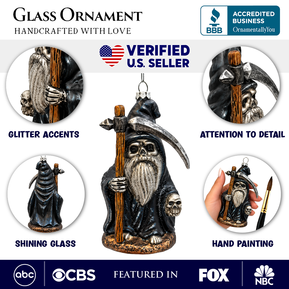 (PRE-ORDER) Grim Reaper Gnome Gothic Glass Ornament, Spooky Halloween Decor