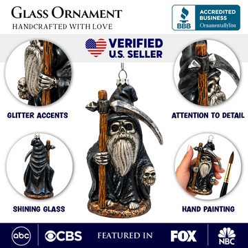 (PRE-ORDER) Grim Reaper Gnome Gothic Glass Ornament, Spooky Halloween Decor