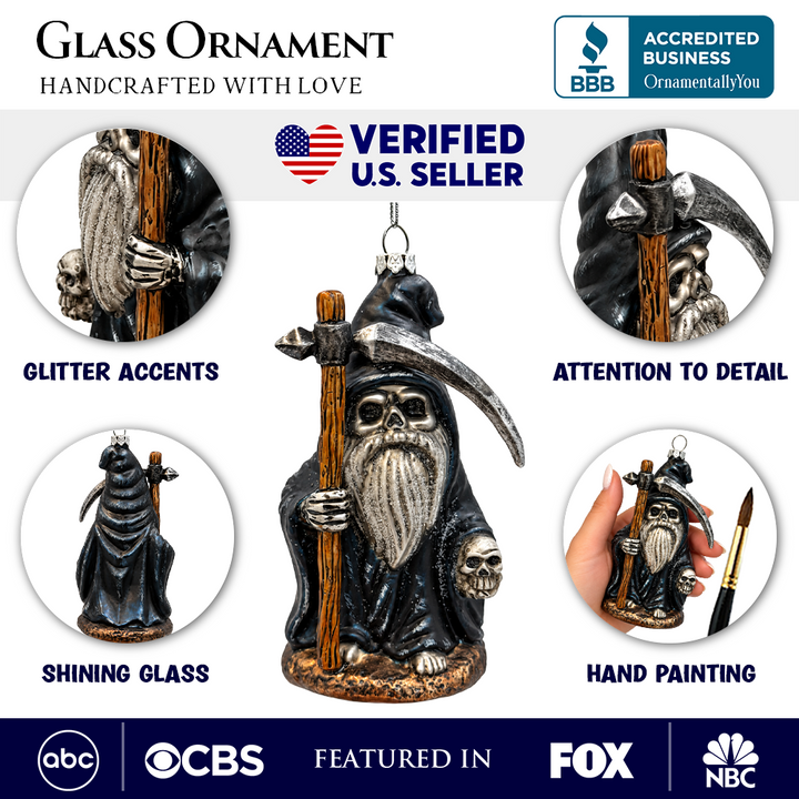 (PRE-ORDER) Grim Reaper Gnome Gothic Glass Ornament, Spooky Halloween Decor