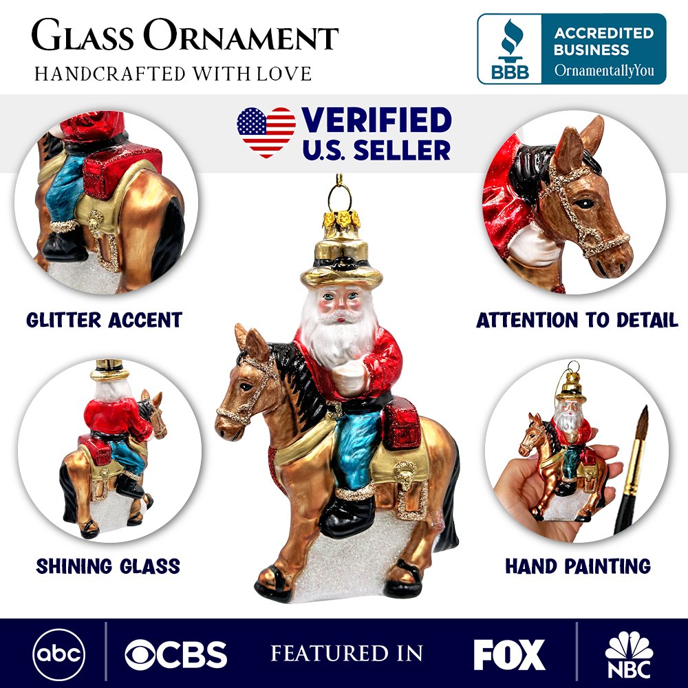 Hardy Wild Western Cowboy Santa Glass Christmas Ornament, Vintage Horse Ridin Farm Style Decor Glass Ornament OrnamentallyYou 