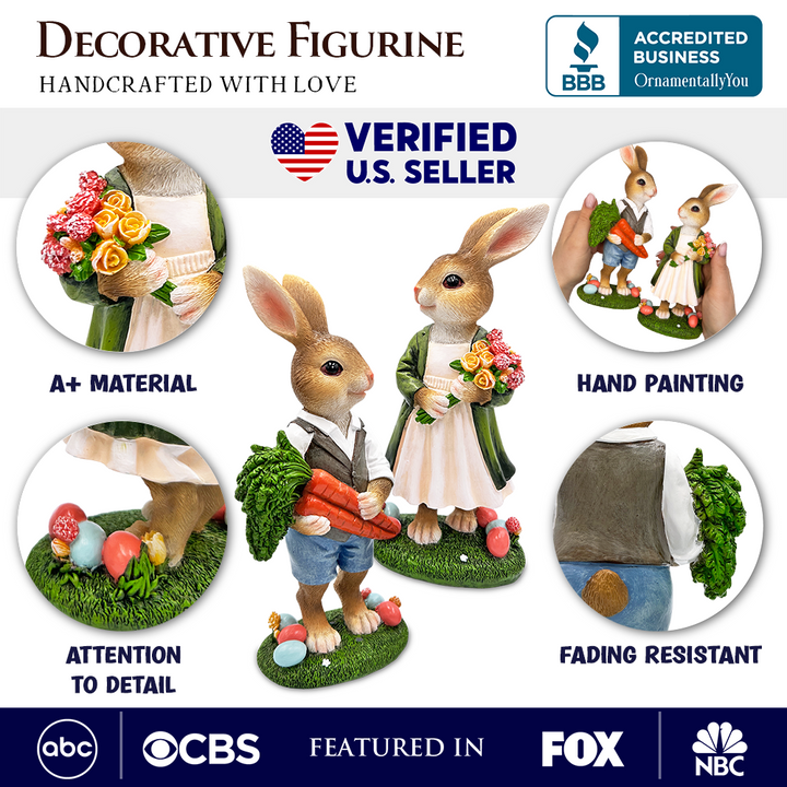 Harvest and Bloom Country Bunny Pair Figurine, 8" Rabbit Garden Statue Set