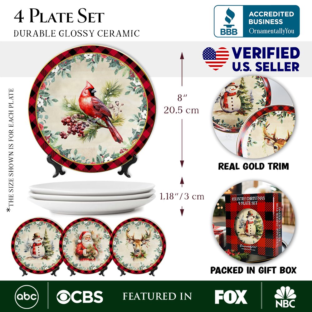 (Pre-Order) Holiday Cheer Set of 4 Plates with Real Gold Plaid Trim, Christmas Tableware Collection for Salad, Dessert, Appetizer, and Side Plates Plate Sets OrnamentallyYou 