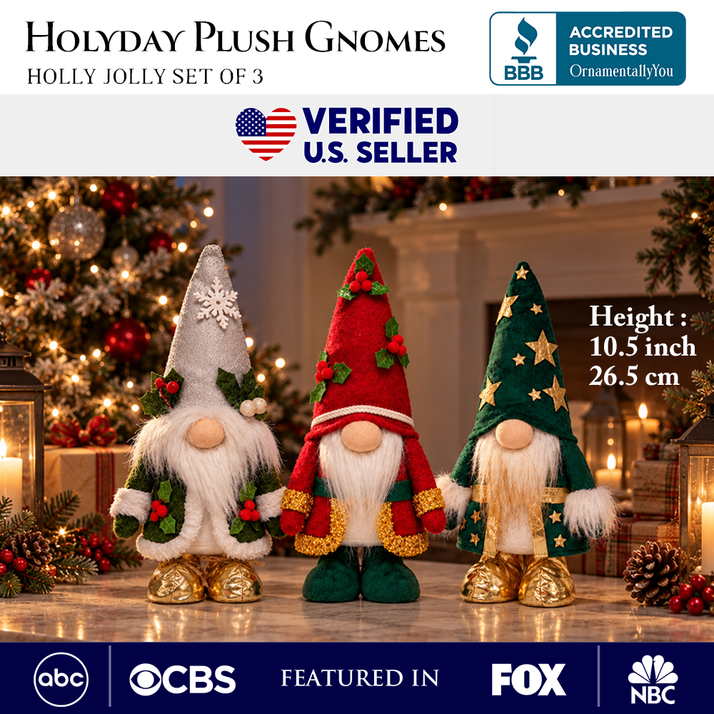 Holly Jolly Plush Gnome Set of 3, Whimsical 10.5" Christmas Home Decor