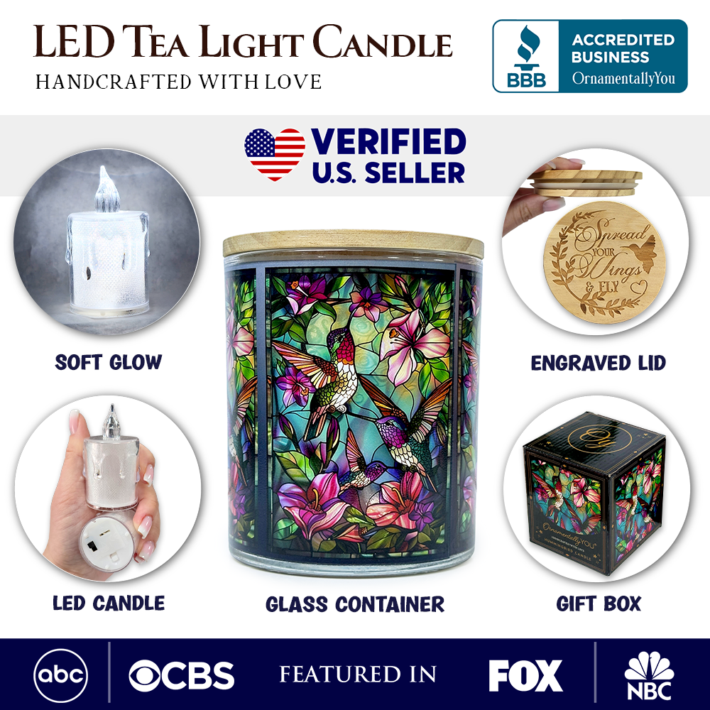 Hummingbird Faux Stained Glass LED Tea Light Candle, Delicate Nature Inspired Decor With Soft Glow