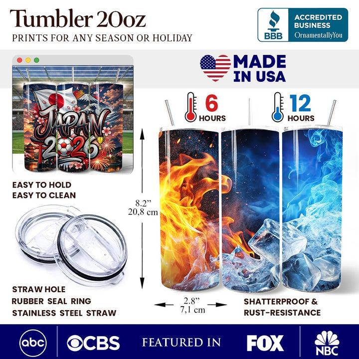 Japan 2026 Soccer Cup Global Championship 20oz Tumbler With Lid and Stainless Steel Straw, Fans Football Gift Cup Tumbler OrnamentallyYou 