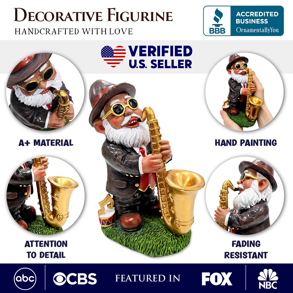 Jazzy Gnome Garden Statue, 8" Music Playing Dwarf Figurine Outdoor Decor Resin Statues OrnamentallyYou 