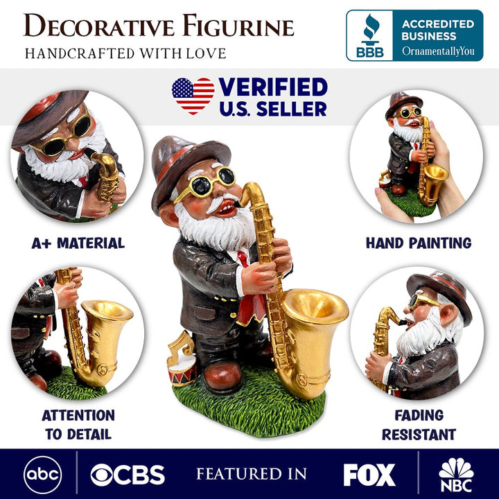Jazzy Gnome Garden Statue, 8" Music Playing Dwarf Figurine Outdoor Decor Resin Statues OrnamentallyYou 