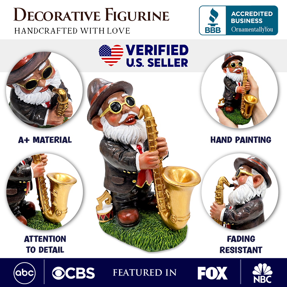Jazzy Gnome Garden Statue, 7.7" Music Playing Dwarf Figurine Outdoor Decor