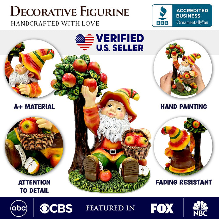 Johnny Apple Gnome Cute Garden Statue, 9" Orchid Picker Whimsical Dwarf Figurine Resin Statues OrnamentallyYou 