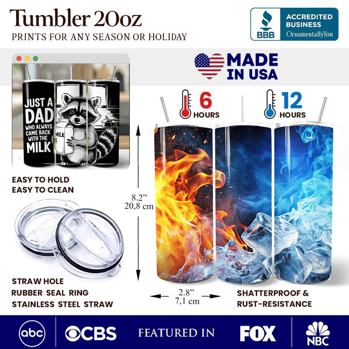 Just A Dad Who Always Came Back With The Milk 20oz Personalized Tumbler With Lid and Stainless Steel Straw, Funny Raccoon Dad Gift Cup Tumbler OrnamentallyYou 