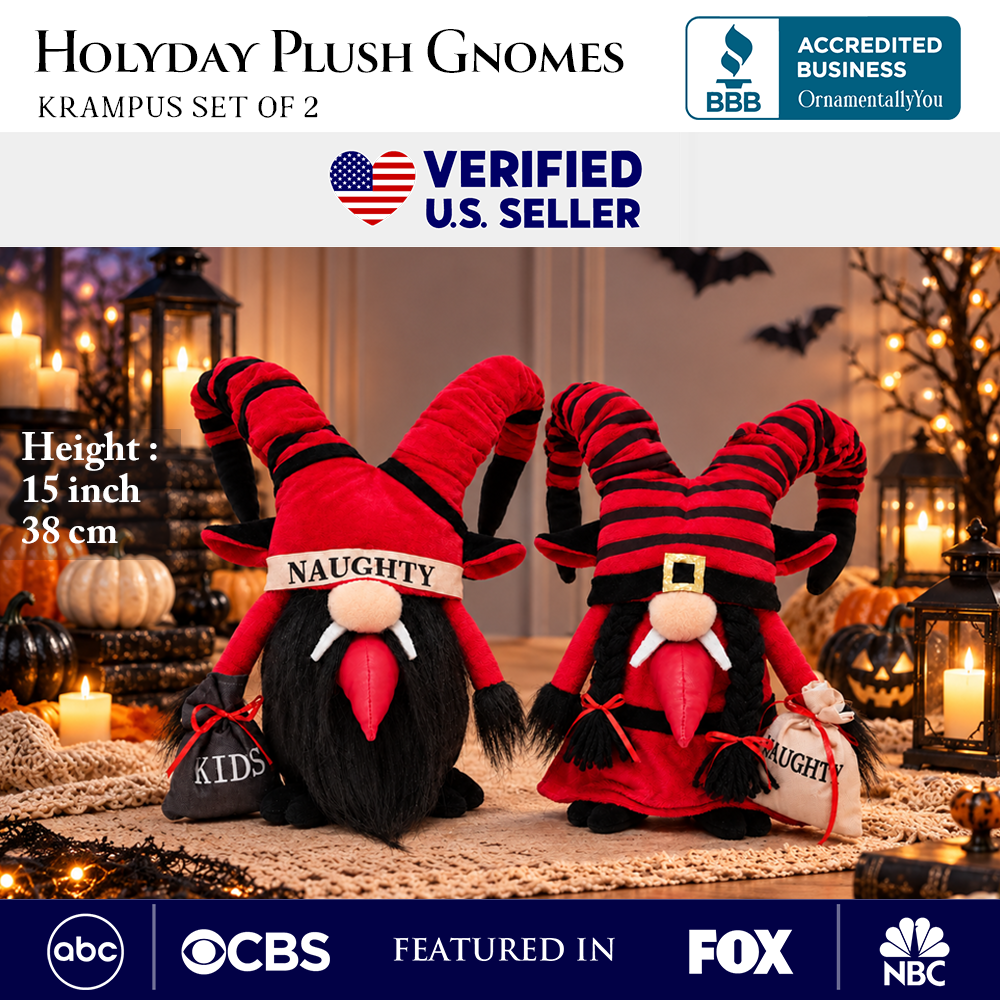 Krampus Plush Gnome Set of 2, Naughty List Christmas 15" Tabletop Decoration