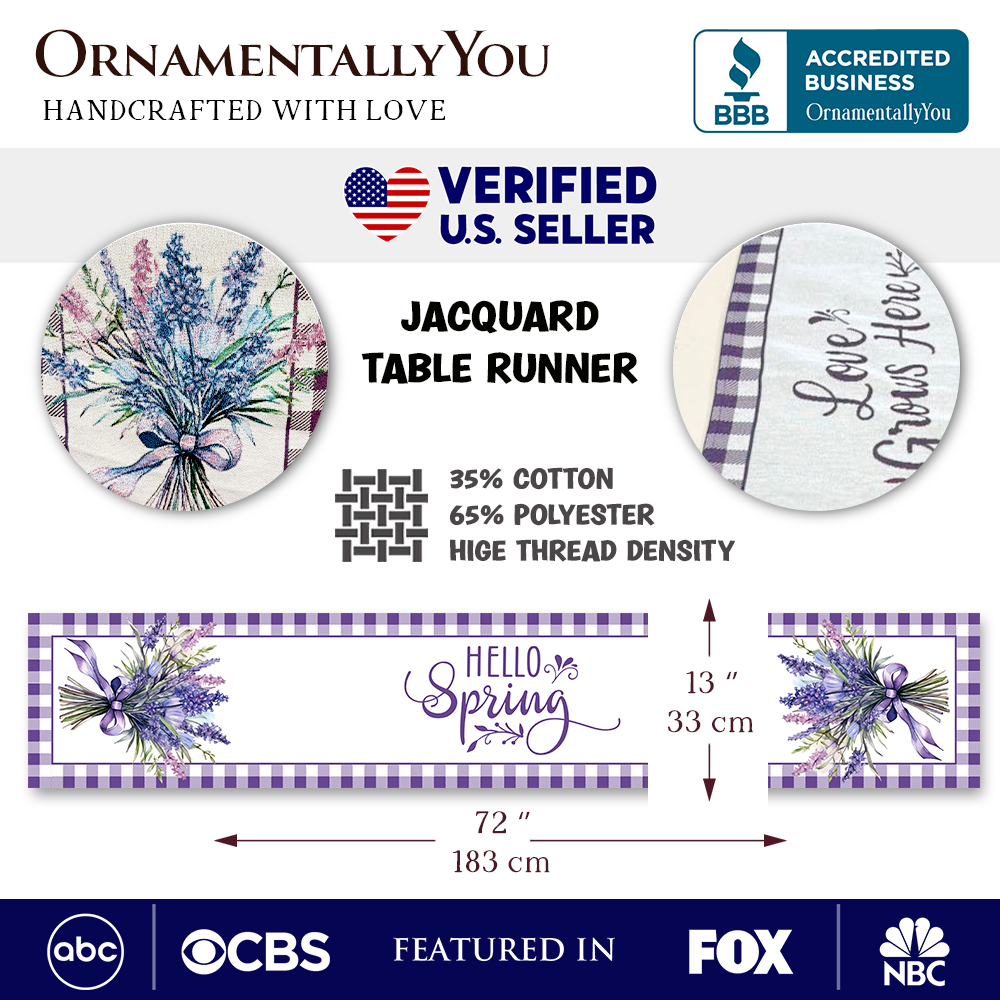 Lavender Floral 72" Jacquard Table Runner, High Quality Farmhouse Rectangle Tablecloth with Purple Flower Bouquet