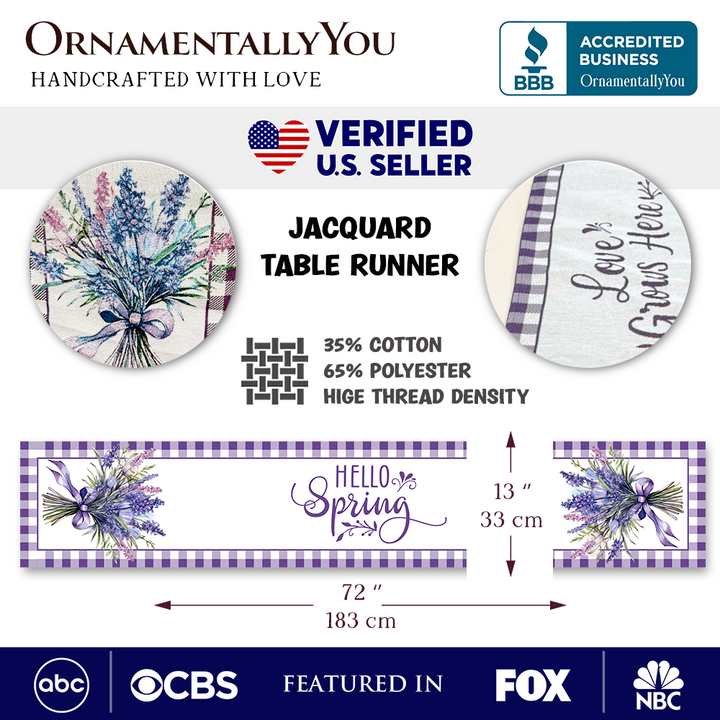 Lavender Floral 72" Jacquard Table Runner, High Quality Farmhouse Rectangle Tablecloth with Purple Flower Bouquet