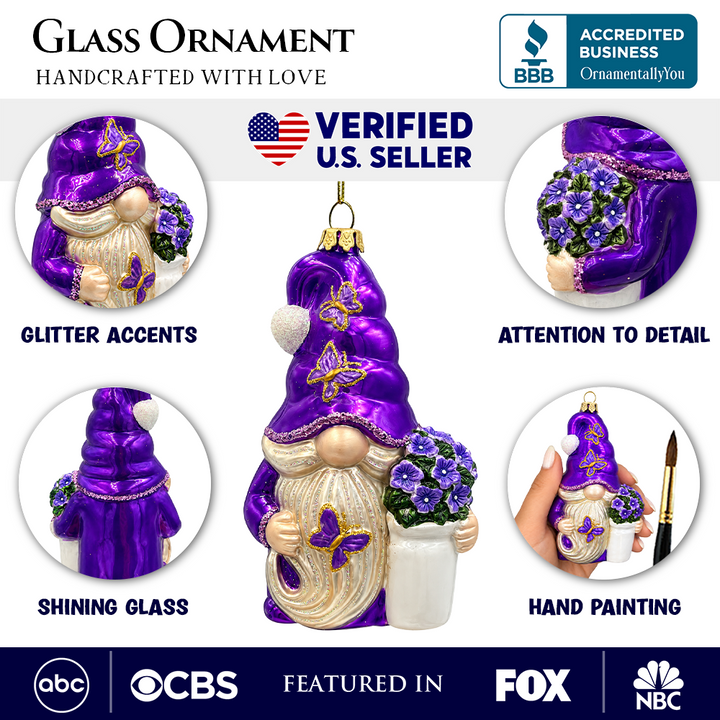 (PRE-ORDER) Lavender Gnome with Flowers and Butterflies Glass Christmas Ornament, Purple Garden Floral Tree Decor