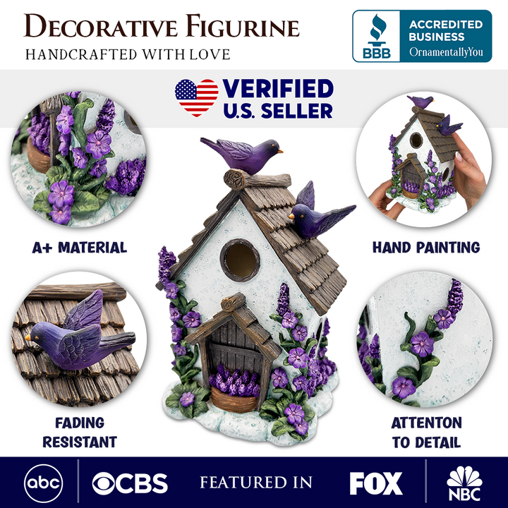 Lovely Floral Lavender Bird House Figurine, 7" Novelty Cottage Garden Decor