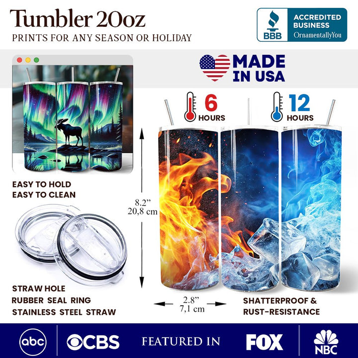 Majestic Moose Under Northern Lights 20oz Personalized Tumbler With Lid and Stainless Steel Straw, Enchanted Christmas Gift Cup Tumbler OrnamentallyYou 