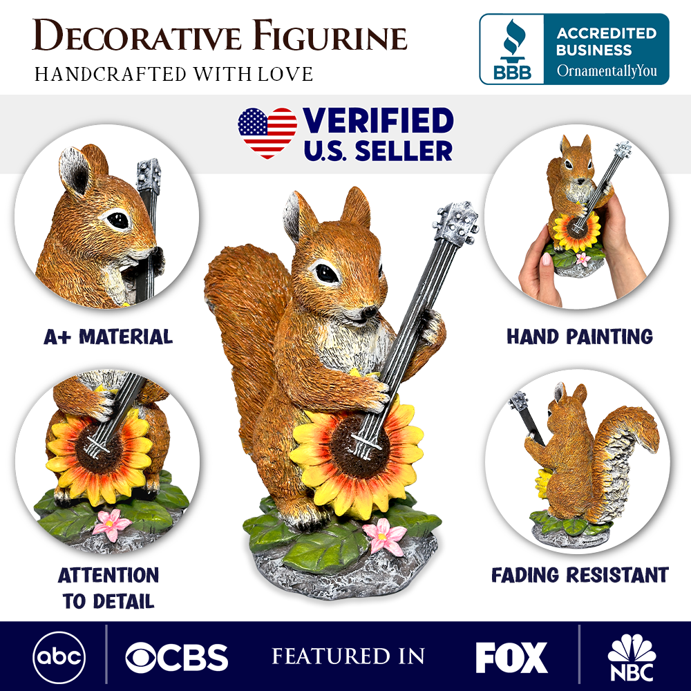 Melody of the Meadow Squirrel Garden Statue, 8" Sunflower Banjo Outdoor Decor