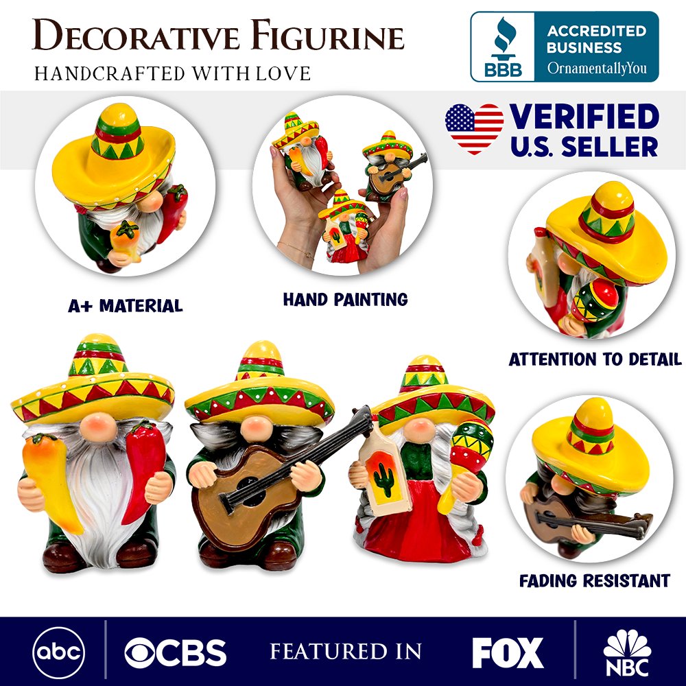 Mexican Gnome Garden Statue Set of 3, 4" Fiesta Dwarf Figurines Outdoor Decor Resin Statues OrnamentallyYou 