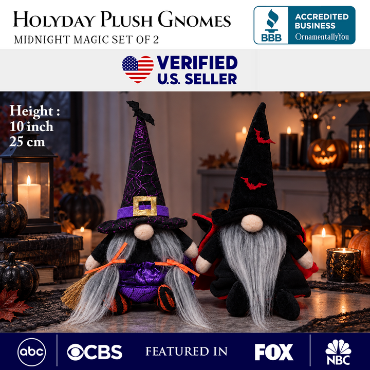 Midnight Magic Plush Gnome Set of 2, Gothic Witch and Vampire 10" Halloween Decor