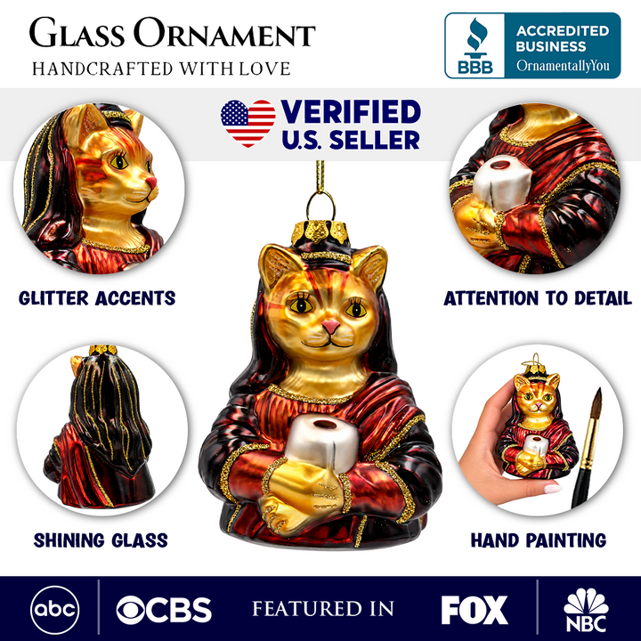 (PRE-ORDER) Mona Lisa Cat with Toilet Paper Glass Ornament, Funny Art Lover Feline Museum Inspired Tree Decor