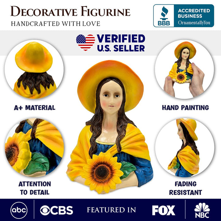 Mona Lisa The Sunflower Guardian Art Sculpture Figurine, 7" Spring Garden Statue and Leonardo Da Vinci Mix Resin Statues OrnamentallyYou 