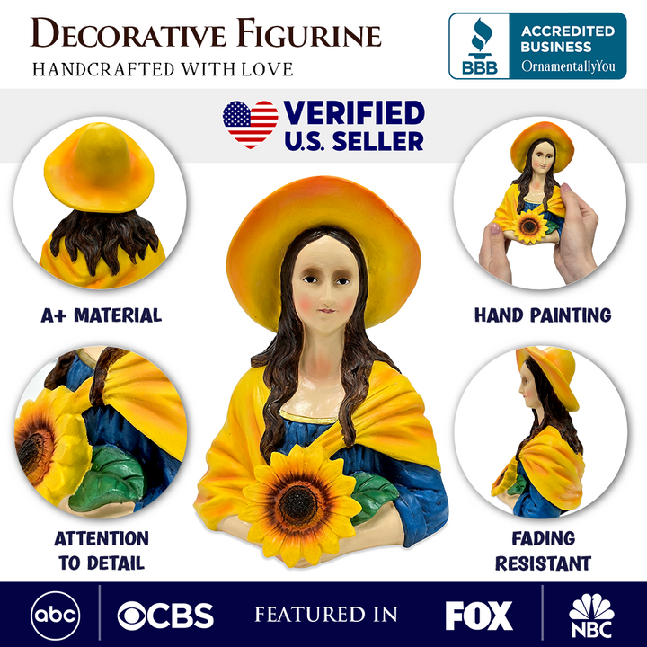 Mona Lisa The Sunflower Guardian Art Sculpture Figurine, 7" Spring Garden Statue and Leonardo Da Vinci Mix