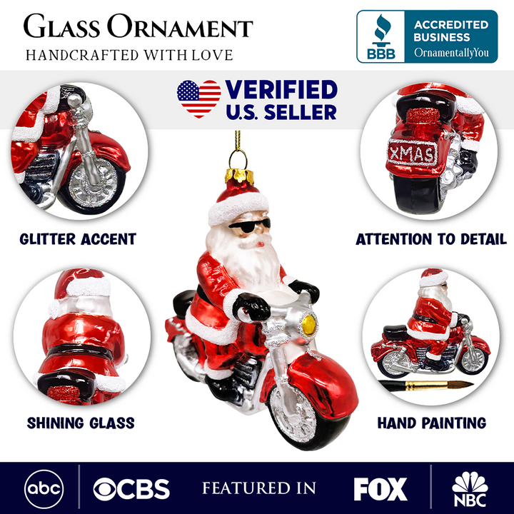 (Pre-Order) Motorcycle Santa Cruising Glass Christmas Ornament, Biker Gift