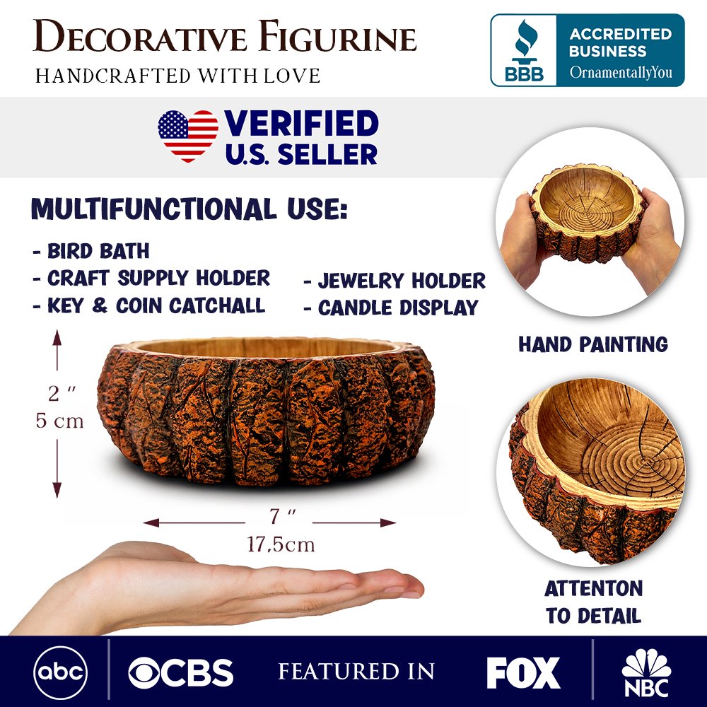 Nature's Basin Tree Bark Themed Bowl, 6" Resin Woodlandbasin Bird Bath Decor Resin Statues OrnamentallyYou 