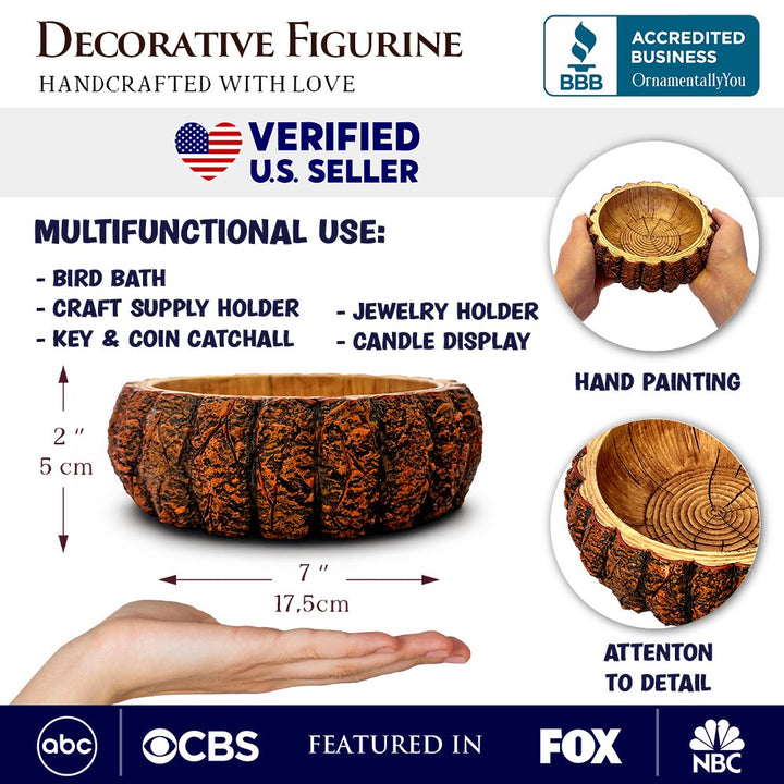 Nature's Basin Tree Bark Themed Bowl, 6" Resin Woodlandbasin Bird Bath Decor Resin Statues OrnamentallyYou 