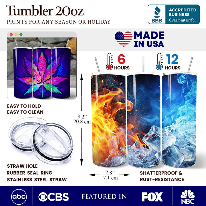 Neon Cannabis Leaf 20oz Personalized Tumbler With Lid and Stainless Steel Straw, Psychedelic Weed Aesthetic Gift Cup Tumbler OrnamentallyYou 