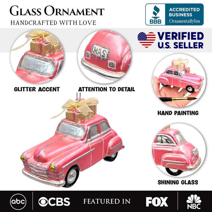 Nostalgic Pink Car Glass Christmas Ornament, Vintage Classic Tree Decor Glass Ornament OrnamentallyYou 