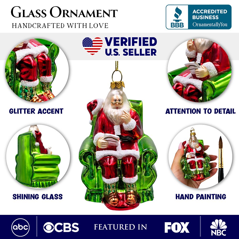 (Pre-Order) Old World Style Santa in a Green Chair Glass Ornament, Vintage Christmas Tree Decor Glass Ornament OrnamentallyYou 