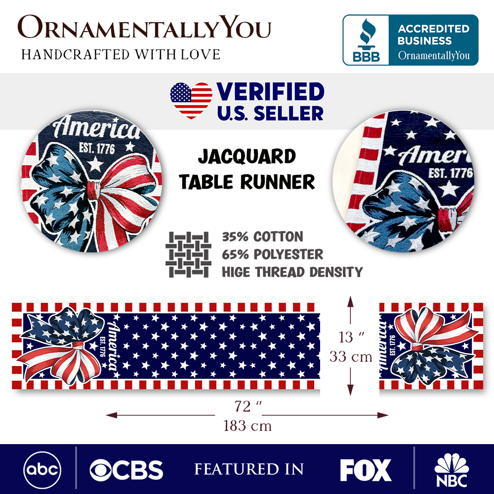 Patriotic Bow 72" Jacquard Table Runner, High Quality Holiday Rectangle Tablecloth with Red White Blue Design