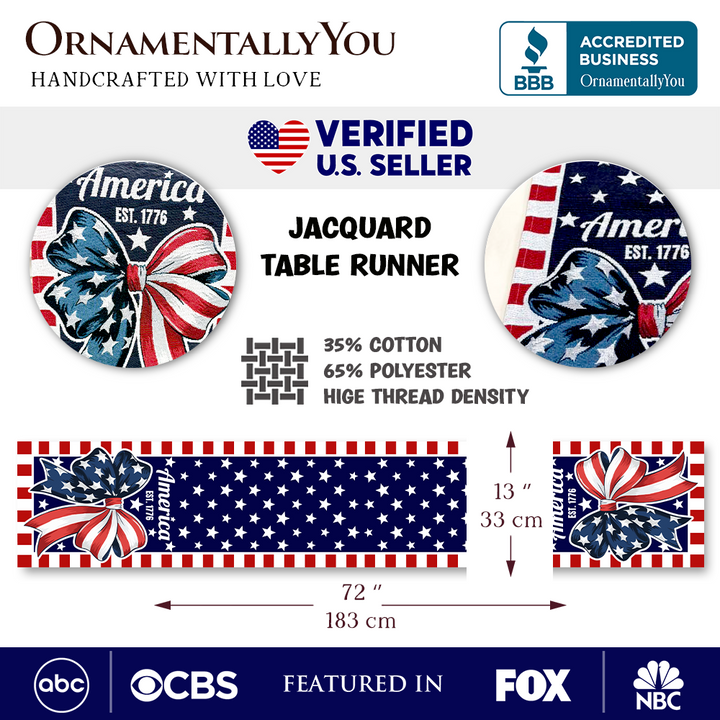 Patriotic Bow 72" Jacquard Table Runner, High Quality Holiday Rectangle Tablecloth with Red White Blue Design