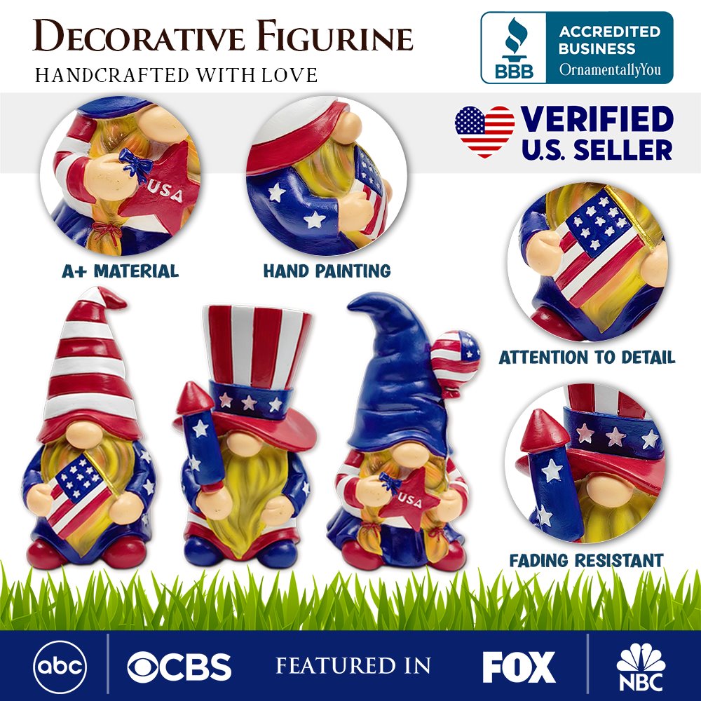 (Pre-Order) Patriotic Gnome Trio Figurines, 6" Set of Three Garden Statues and July 4th Decoration Resin Statues OrnamentallyYou 