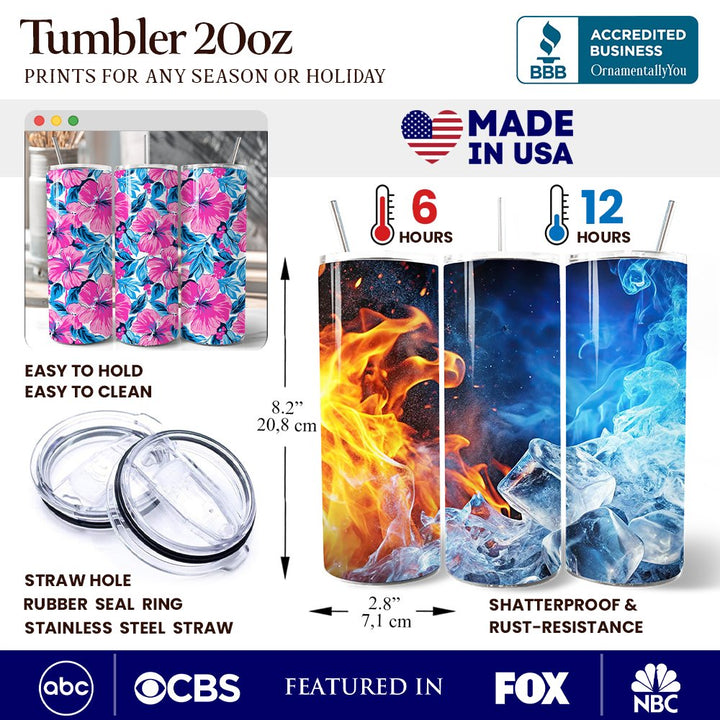 Pink and Blue Hibiscus Flowers 20oz Personalized Tumbler With Lid and Stainless Steel Straw, Vibrant Summer Floral Gift Cup Tumbler OrnamentallyYou 