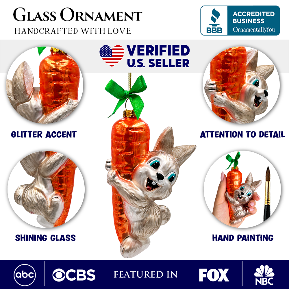 (Pre-Order) Playful Bunny Hanging on Carrot Glass Ornament, Christmas Gift for Kids