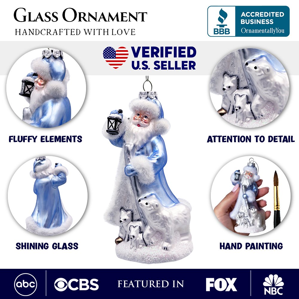 Polar Whisperer Santa Glass Christmas Ornament, Arctic Polar Bear, Wolf, and Bunny Rabbit Glass Ornament OrnamentallyYou 