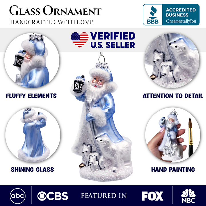 (Pre-Order) Polar Whisperer Santa Glass Christmas Ornament, Arctic Polar Bear, Wolf, and Bunny Rabbit